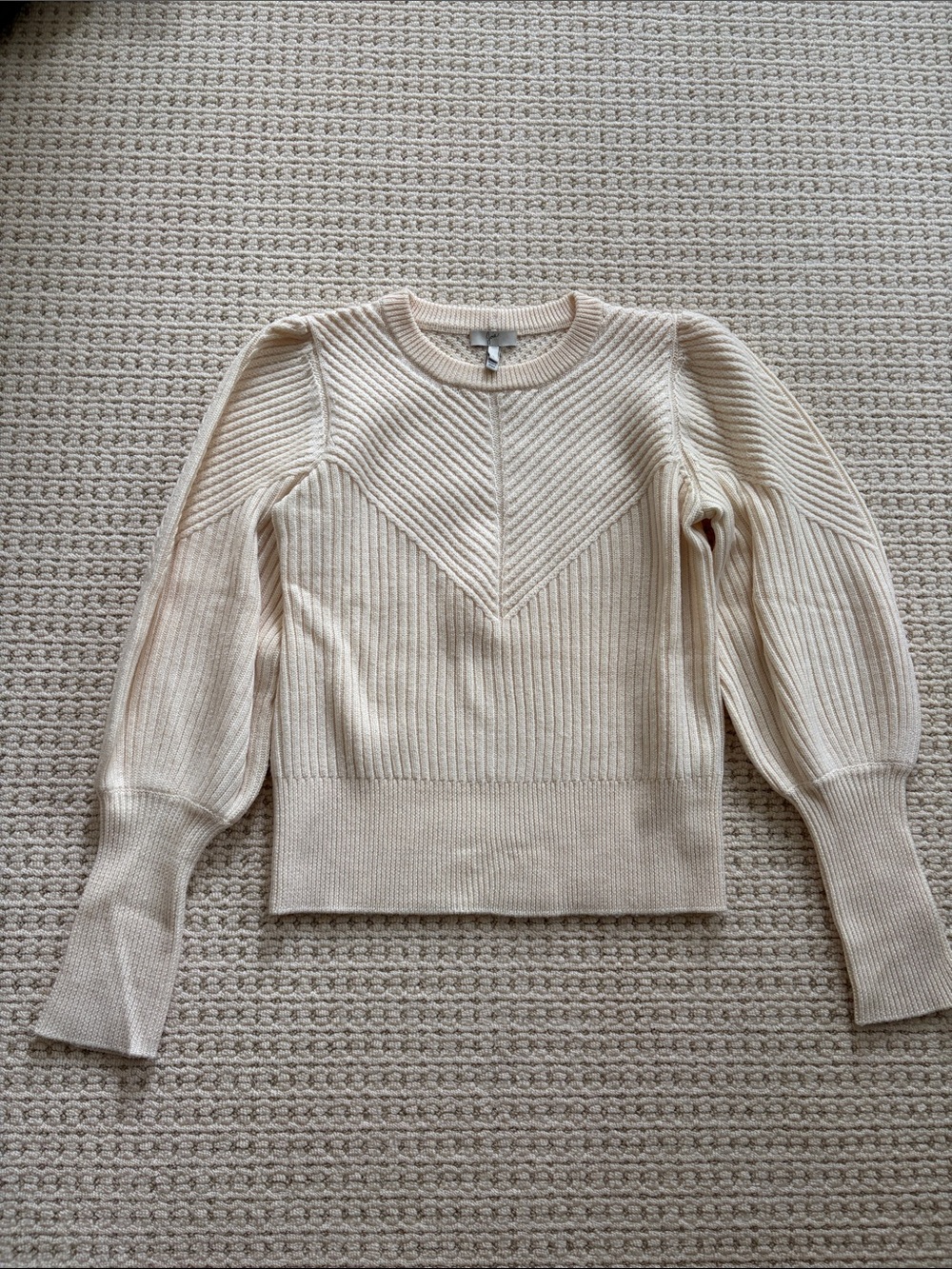 Joie Cream Ribbed Crewneck Sweater with Puff Sleeves